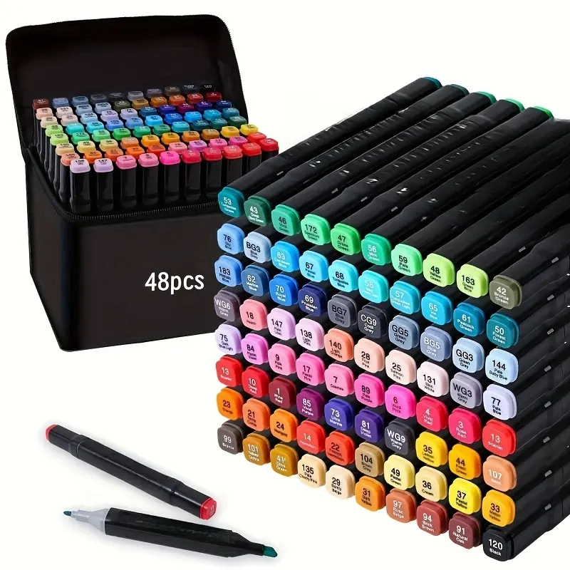 48-Color Dual-Tip Alcohol Marker Set for Artists - Ideal for Drawing, Sketching, Coloring & Highlighting - Vibrant, Non-Toxic Pens in Organized Black Case - Perfect for Adults & Creative Projects