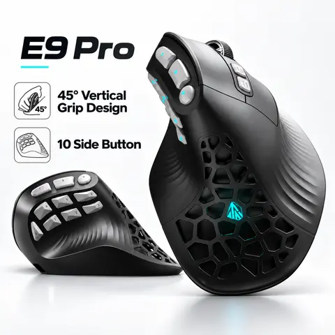 SOLAKAKA E9 PRO Ergonomic Vertical Mouse for Office & Productivity, 45° Grip Wireless Mouse with 10 Programmable Side Buttons, Tri-Mode 2.4G/Bluetooth/Wired, PAW3395 36000 DPI, 1000mAh Rechargeable Mouse for PC/Mac - Black