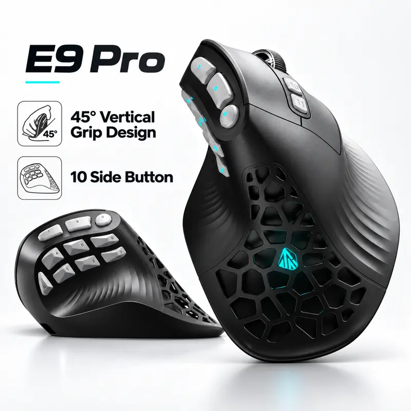 SOLAKAKA E9 PRO Ergonomic Vertical Mouse for Office & Productivity, 45° Grip Wireless Mouse with 10 Programmable Side Buttons, Tri-Mode 2.4G/Bluetooth/Wired, PAW3395 36000 DPI, 1000mAh Rechargeable Mouse for PC/Mac - Black