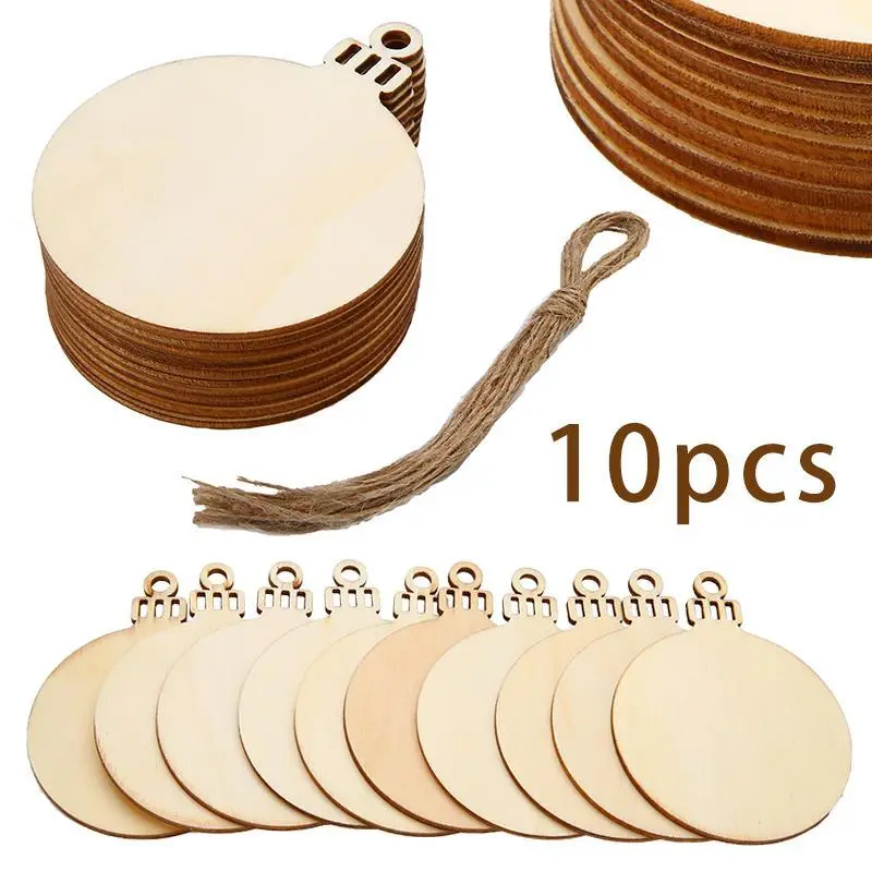 10Pcs Christmas Wooden Round Baubles Tags Christmas Tree Hanging Balls Decoration Kids DIY Craft Ornaments Navidad New Year 2023