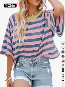 1 Piece Casual Minimalist Striped Pattern Round Neck Short Sleeve Loose Women's T-Shirt, Suitable For Summer, Oversized T Shirt