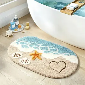 3D Ocean Theme Oval Rug, Soft Plush Cozy Non-Slip Decorative Bathroom Mat, Starfish Heart Design, All-Season Home Decor Gift