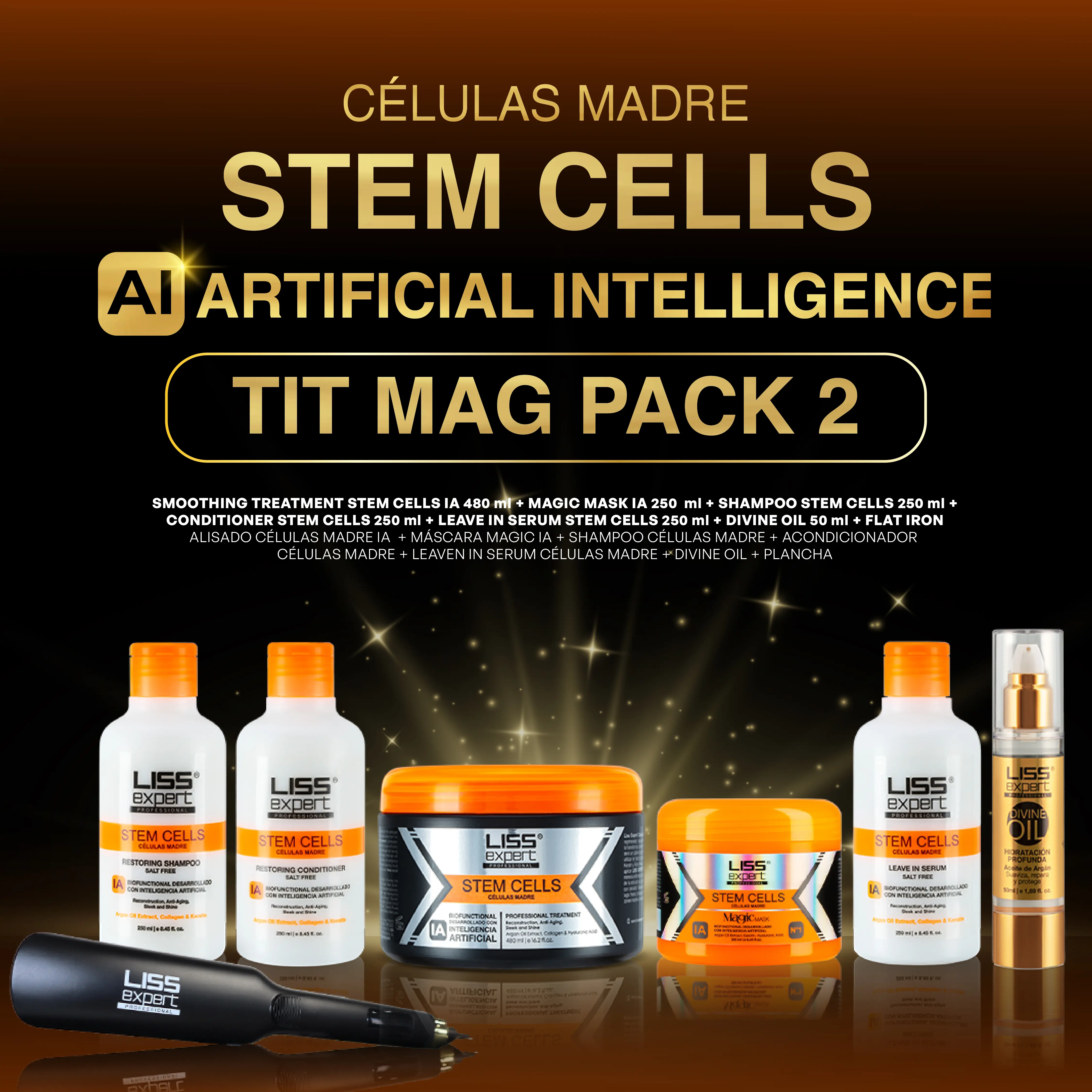 Liss Expert Professional Stem Cells 16.9 oz with Flat Iron, Magic Mask and a Complete Post Care Kir