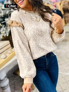 Hotapei Women's Spring Autumn Polyester Leopard Print Color Block Ribbed Round Neck Long Sleeve Fitted Pullover Sweatshirt, Casual Fashion, Tops, Womenswear