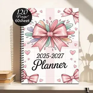 New 2027 Three-Year Planner Coil Notebook, Bow and Heart Elements, Soft Healing Style, Perfect Gift for Women