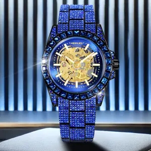 Luxury Men's Blue Diamond Automatic Mechanical Watch with Gold Roman Numerals Skeleton Dial Waterproof Wristwatch