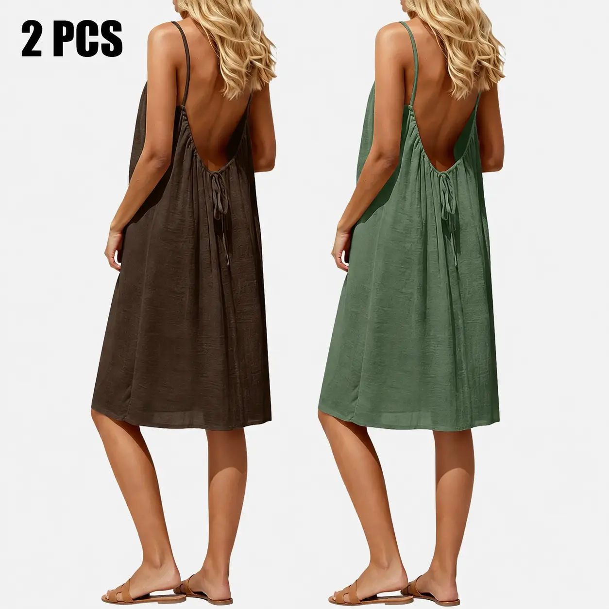 2 PCS Women's Summer Solid Color Cami Lounge Dress Elegant Sleeveless Short Dress Ladies Sleepwear Indoor Wear Pack of 2 Flowy Open Back Slip Sundress Casual Beach Vacation Cover Up Boho Resort Holiday Outfit Comfortable Relaxed Fit Clothing