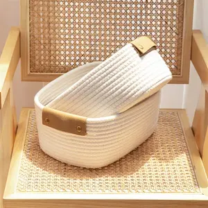 Set of 2 storage baskets with leather handles, ideal for organising your desk; perfect for the bathroom, bedroom, living room, balcony, picnics, or as shelf baskets
