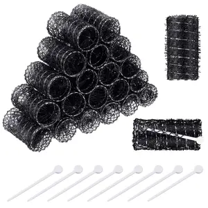 Hair Curler Rollers and Picks Set for Women and Girls - 20 Mesh Rollers, 20 Plastic Picks for Effortless Curls and Waves (Black, 2.5 x 1.4 Inch)