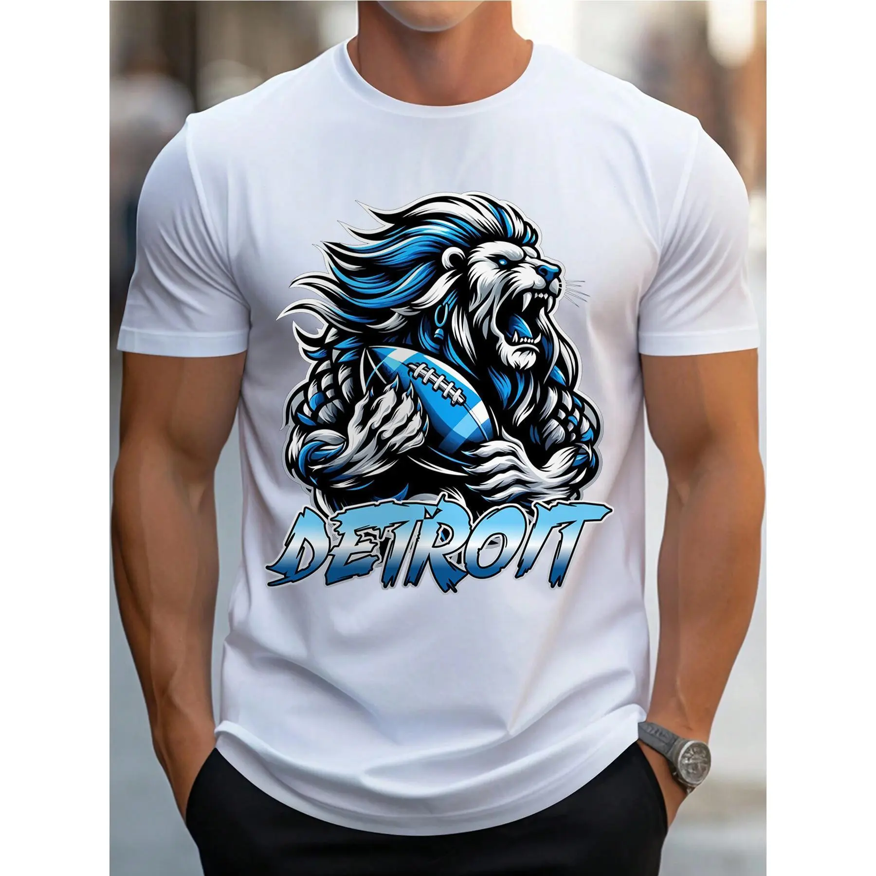Men's Detroit Football Lion Print Cotton T-Shirt - Streetwear Menswear Short-Sleeve Sports Top, Casual Summer Solid Color Comfort Tee