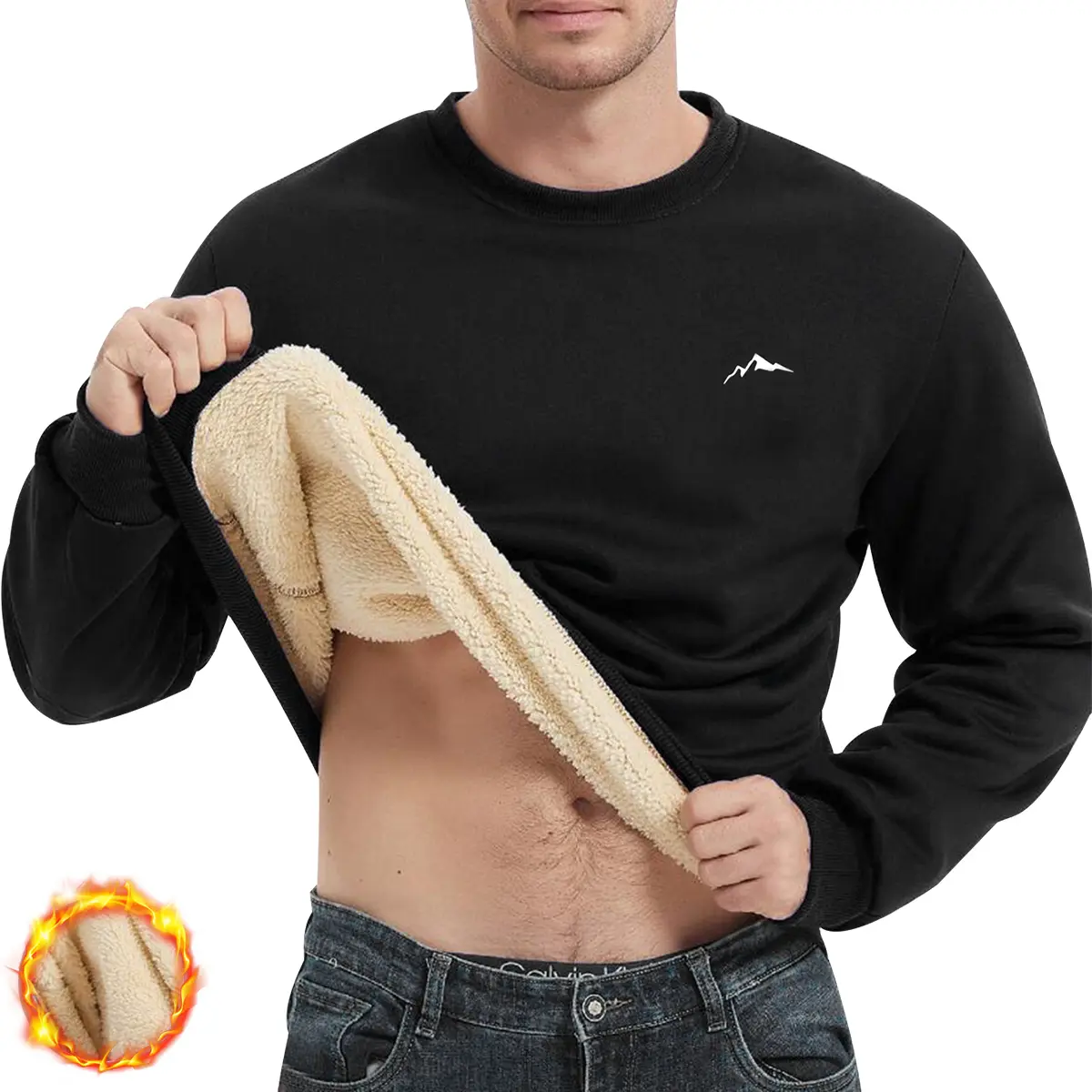 Men’s Cozy Fleece-Lined Sweatshirt - Comfortable Men's Sweatshirts for Autumn & Winter, Long-Sleeve Crew Neck, Mountain Print, Casual Cold-Weather Pullover