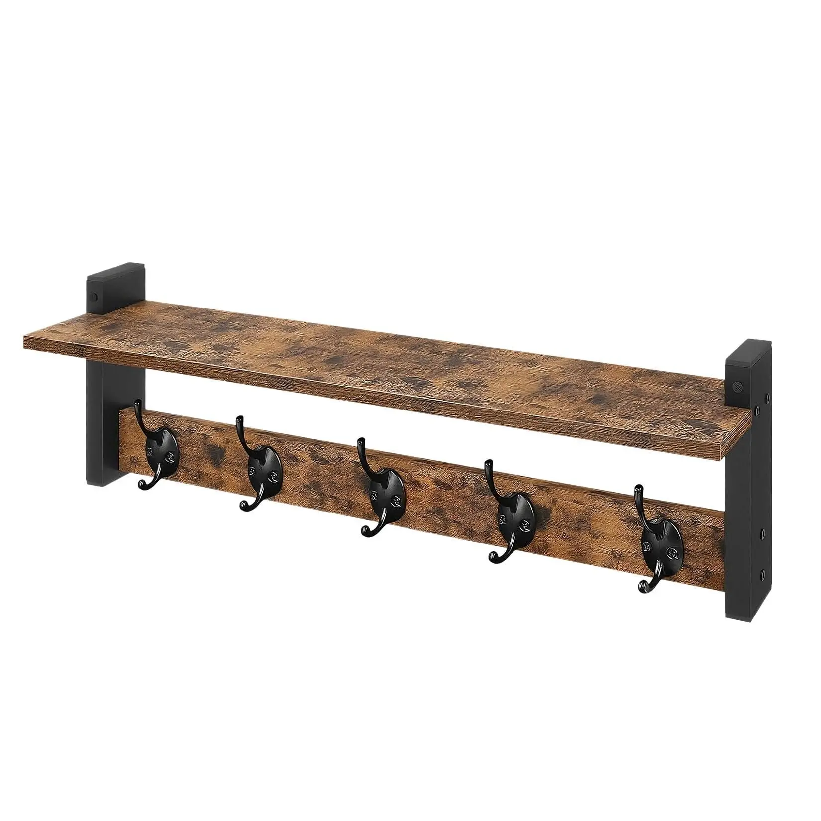 17.7-Inch Wall-Mounted Coat Rack with Hooks - Iron & Wood Hanging Organiser, Entryway Farmhouse Shelves with Storage for Bathroom Hallway (Black), Decor, Industrial