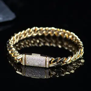 Handmade Non-Fading Gold-Plated Cuban Bracelet, with Crystal Lock, Length 8mm, Width 10mm trendy hip hop style
