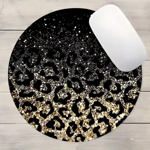Fashion Black Gold Glitter Leopard Print Round Gaming Mouse Pad, Aesthetic Desktop Decorative Protective Pad, Rubber Anti-slip Lockedge Work Pad, Small Size Suitable for Laptop, Desktop Computer Games, Work, Family, Desktop Accessory, Desk Accessories