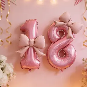 A Set of Four Pink Number Balloons with Pink Bows - Durable Foil Party Decorations Suitable for Birthdays, Anniversaries, Holidays, And Outdoor Events -Reliable for Pho Backdrops for Adult Celebrations And Festive Atmospheres, Balloon Decorations