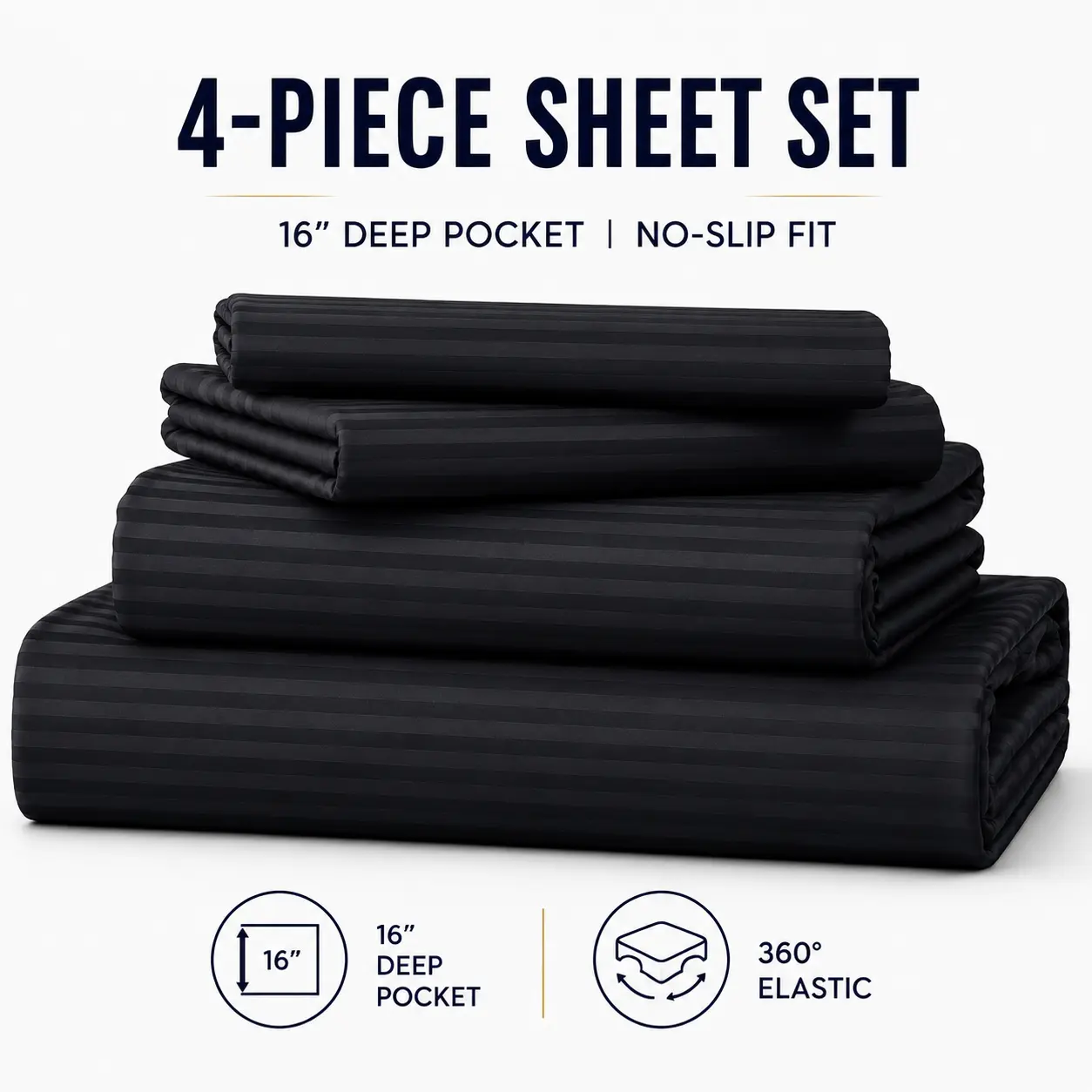 CANSUNCH Luxury 4-Piece Jacquard Striped Bed Set - 16" Deep Pocket Silky Satin Microfiber Bed Sheets, Soft Easy-Care Machine-Washable All-Season Bedding Decor, Bed Sets, Striped Bed Sheets