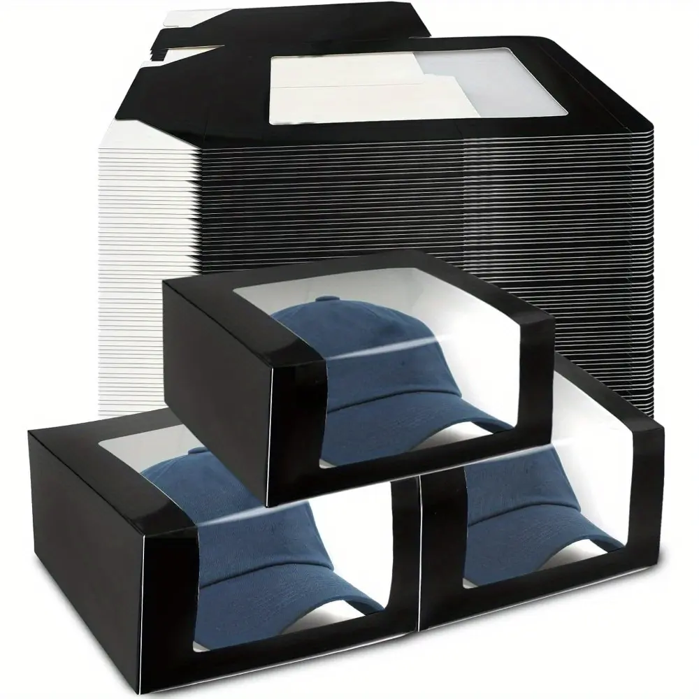 55 Pcs Display Black Gift Boxes for Baseball Caps 7.8" x 7.8" x 4.7" Paper Hat with Window Clear Organizer Case Holder Packing Fold Hat Storage Display Box