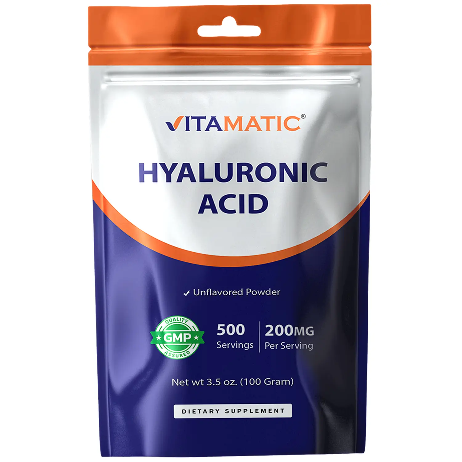Vitamatic Hyaluronic Acid Powder 200mg Supports Healthy Connective Tissue Joints Promotes Youthful Skin 100 Gram Unflavored Supplement