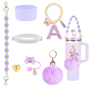 Cup Accessories for Stanley (no cup), 10mm Bow Straw Topper, Siliocne Boot, Water Bottle Handle Strap, Alphabet Letter Charms Initials for Stanley Cup Straw Cover Cap 40oz 30oz Tumbler
