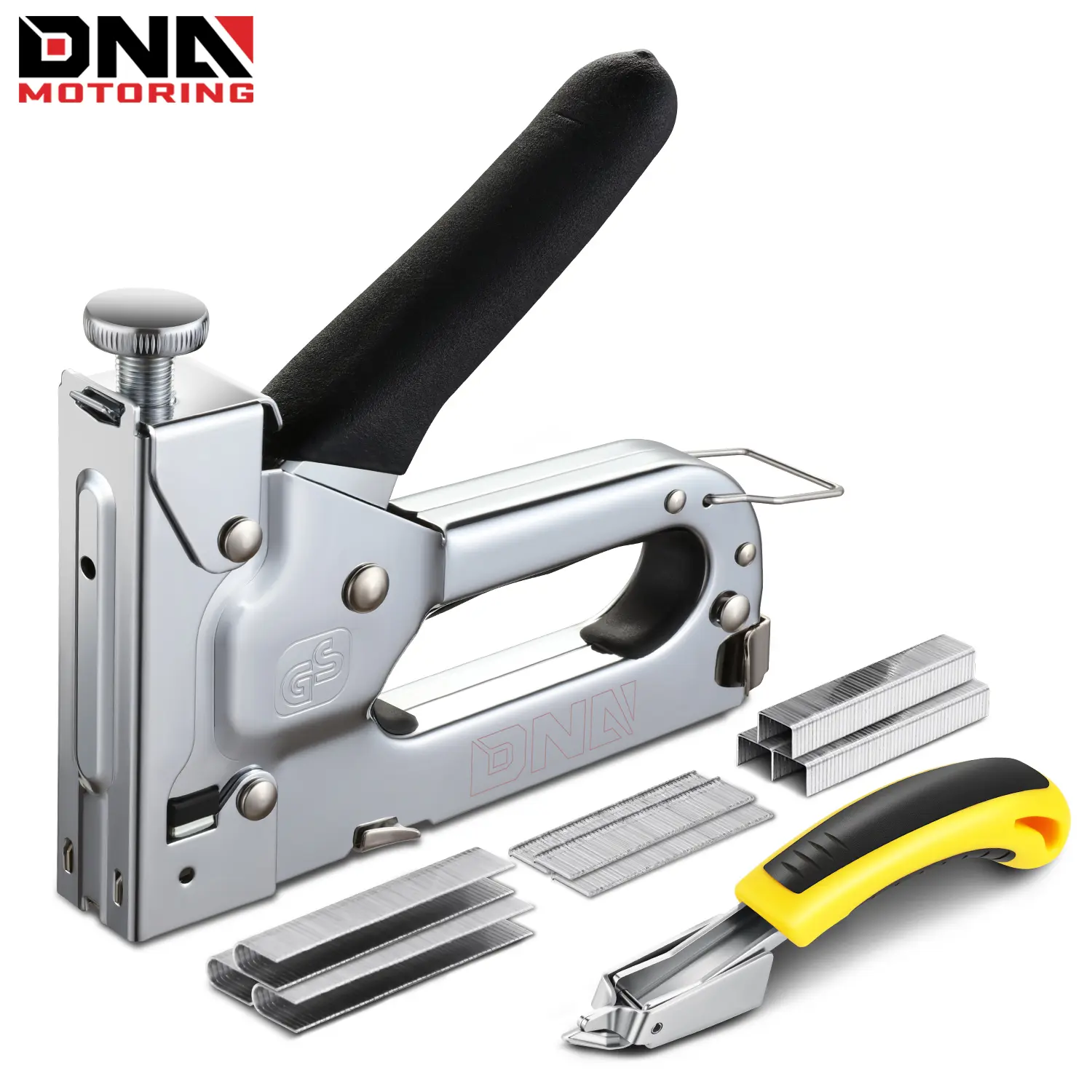 3-in-1 Heavy Duty Ergonomic Chrome-Plated Upholstery Stapler Nail Gun Power Tool - 1.2lb Lightweight Frame, 3 Modes, 1500 Compact Power Tool Staples, Staple Remover, Knob Adjustment, Hardware, Multi-Use for Car Repair & Carpentry