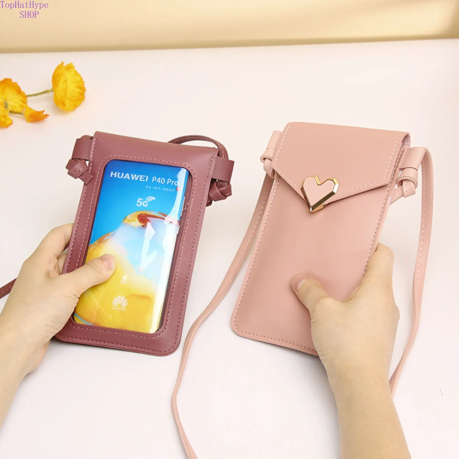Women's Faux Leather Crossbody Phone Purse - Lightweight Solid Mini Bag with Touchscreen Window, Heart Accent, Adjustable Shoulder Strap for Daily Casual Use