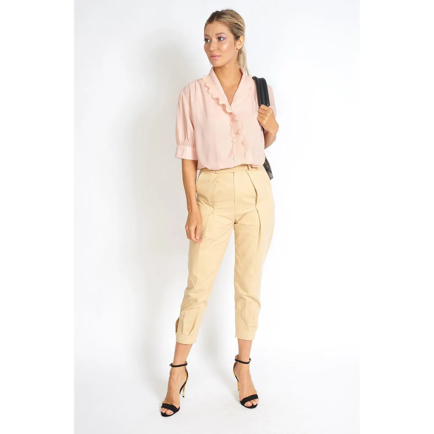 Pleated Beige Capri Pants by Flavee