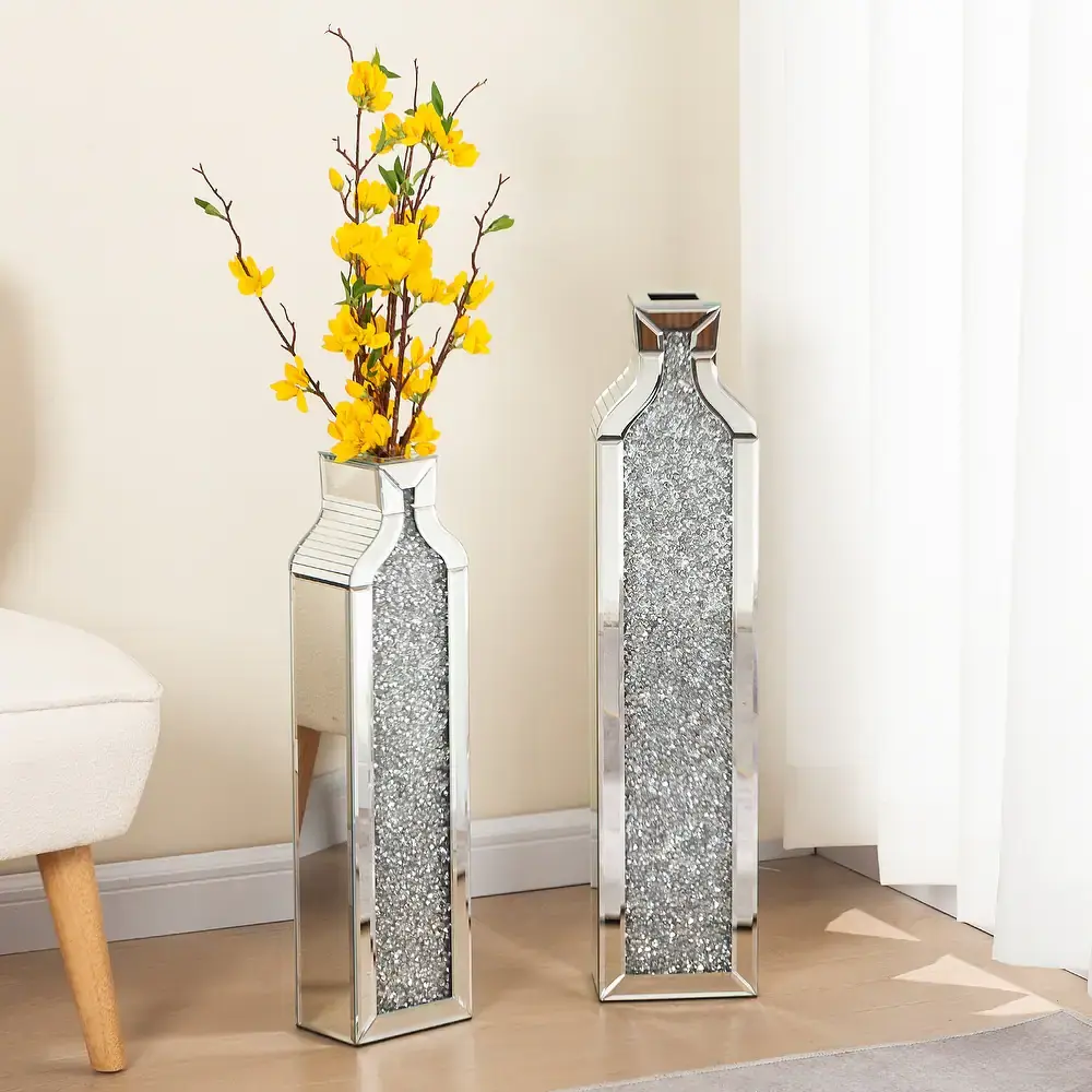 SHYFOY 2-Piece Tall Crushed Diamond Decorative Floor Vase Set - Mirror Finish, Sturdy MDF, High-Quality Minimalist Style Home Decor, Coffee Table Decor