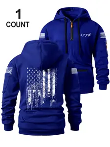 Men's Half-Zip Hooded Sweatshirt, Trendy Pocket Zipper Design, Flag Print, Multiple Colors Available, Loose Fit, Casual Streetwear, Long Sleeve