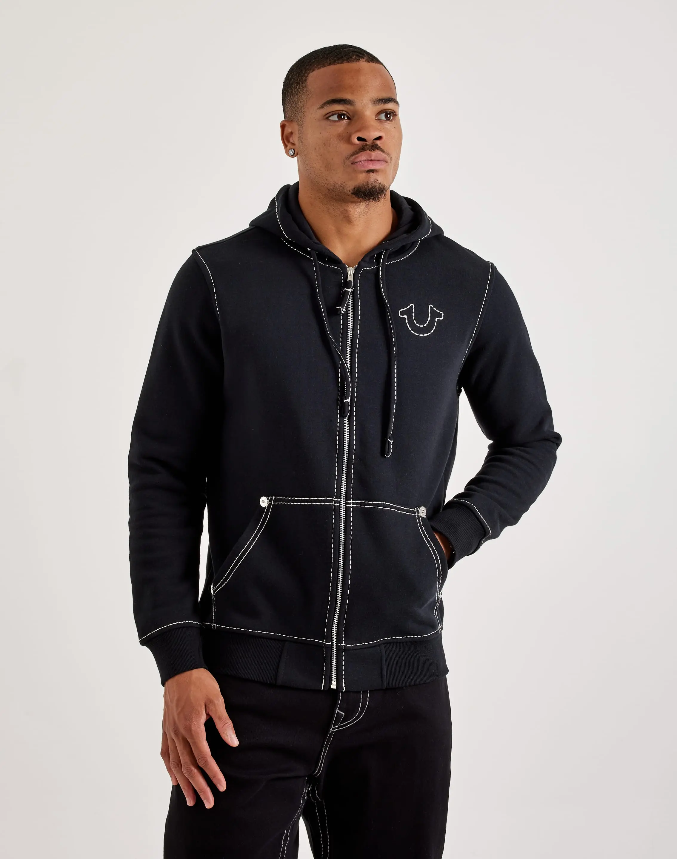 Mens True Religion Big T Full-Zip Fleece Hoodie