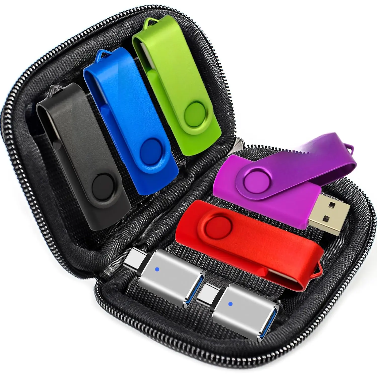 5 Pack 64GB USB Flash Drive and 2 Pack USB C Adapters in a Case, Thumb Drives Memory Stick Storage and Backup for  Phones with Type C Port, Laptops, PC(5 Colors) (64, GB)