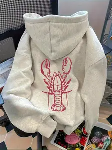 Women's Casual Hooded Sweatshirt, Fun Lobster Print, Drawstring Pocket Design, Loose Fit, Fall & Winter Fashion, Daily Wear