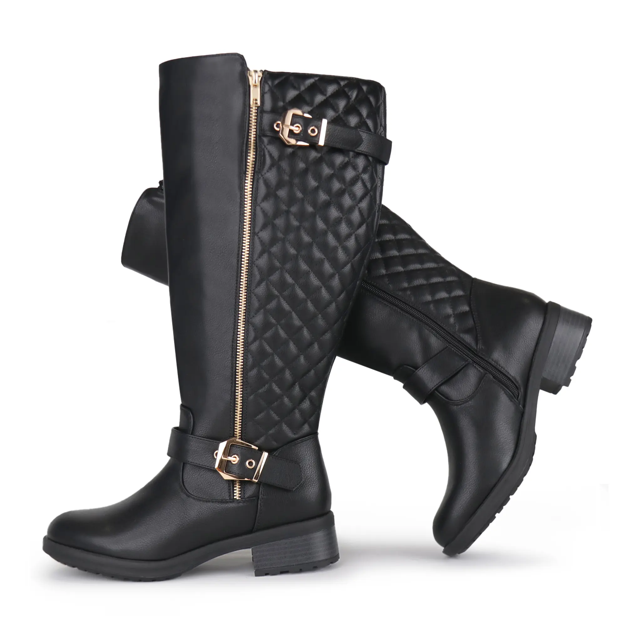 Women's Extra Wide Calf Knee High Riding Boots - Retro Double Buckle Chic Style Fall Footwear, Shoe with Retro Buckle Look, Bold Buckle Style