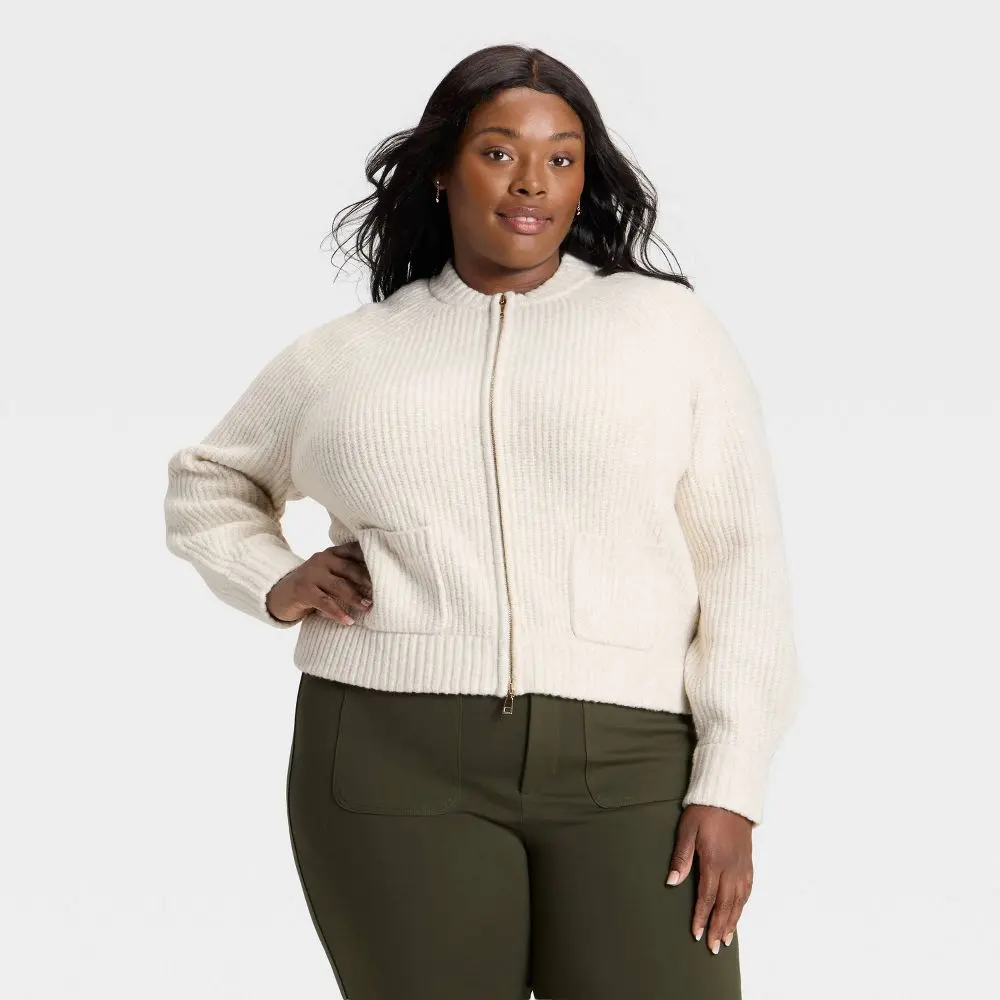 Ava & Viv Women's Double Zipper Knitwear Cardigan Sweater - Casual Fit, Shaker Knit, Ribbed Details, Long Sleeves, Front Pockets, Heavyweight Recycled Polyester, Spandex & Viscose Fabric, Comfortable Design