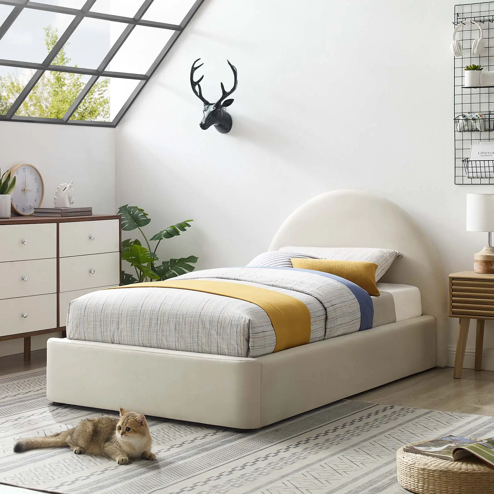 Modway Alabaster Performance Velvet Twin Modern Platform Bed Frame - Tufted Arched Headboard, Shaped Bed, Velvet Upholstery, 800 lbs Capacity, Assembly Required, Bedroom Indoor Furniture