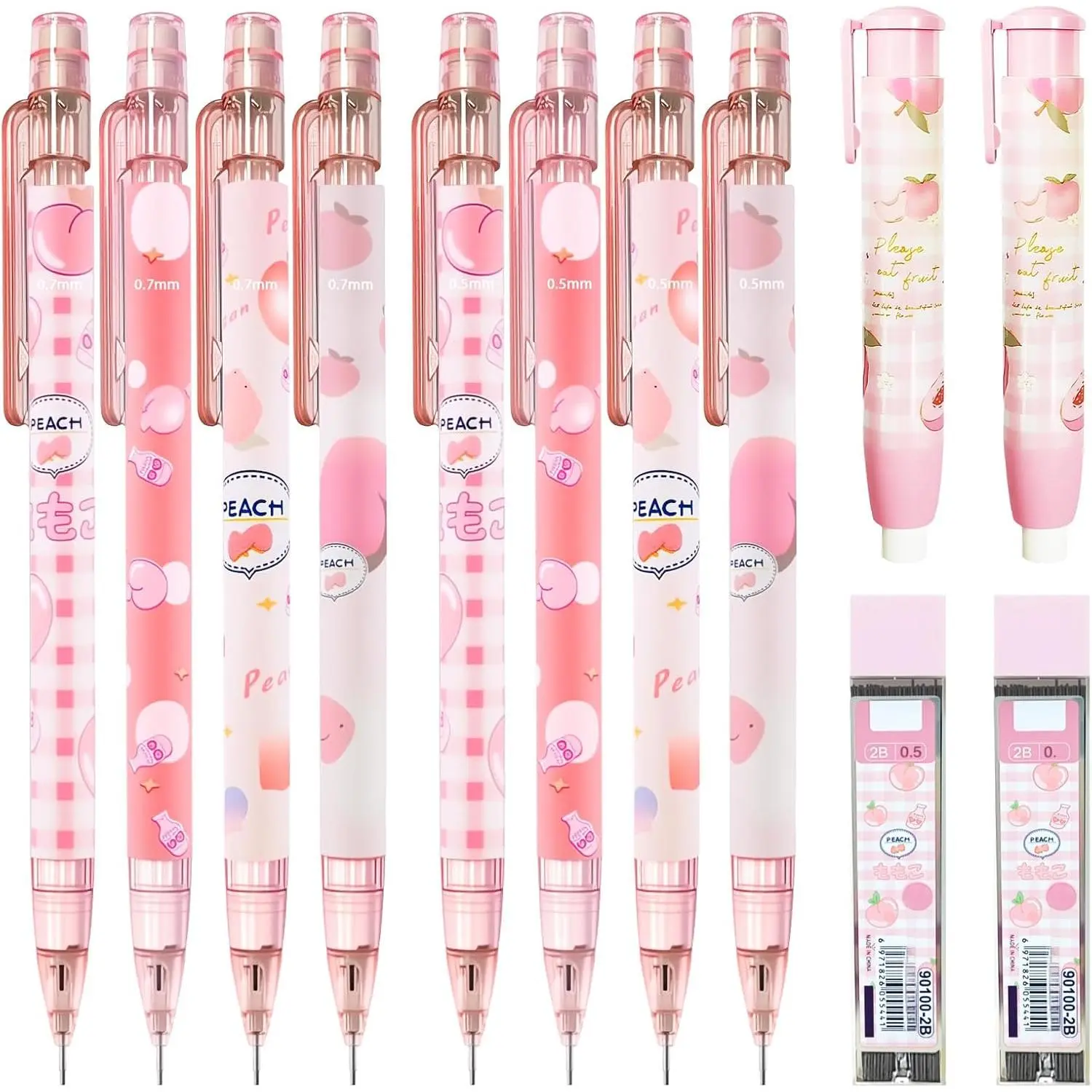Cute   Peach Mechanical Pencil Set Include 8 count Kawaii Mechanical Pencils,2 Tubes Mechanical Pencil Lead Refills,2Pcs Erasers,for Office School Supplies