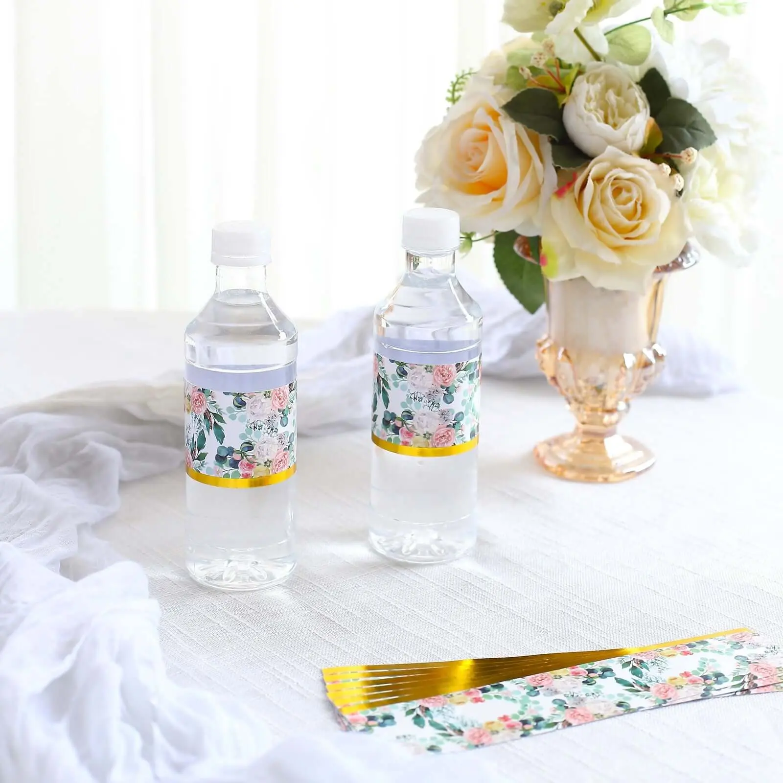24-Pack Single Side Print Water Bottle Labels - White/Pink Peony Floral Gold Trim Waterproof Pastel & Gold Stickers for Office Stationery, Birthday Party Favors, Gift Boxes