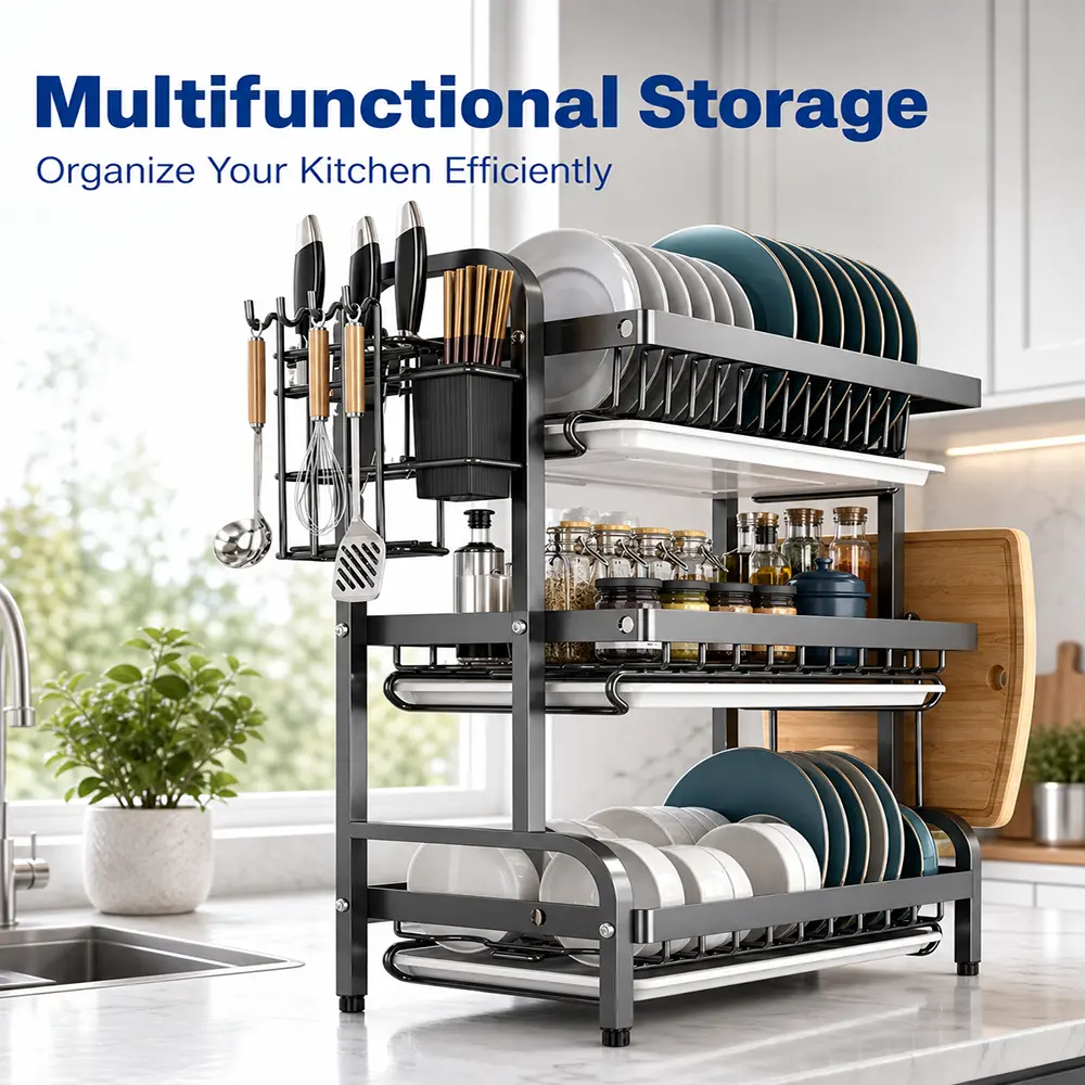 Black 3-Tier Space-Saving Metal Dish Rack 2026, Kitchen Countertop Storage with Cutting Board & Shelves, Large-Capacity Drain Organiser for Tableware, Knives, Spoons, Forks