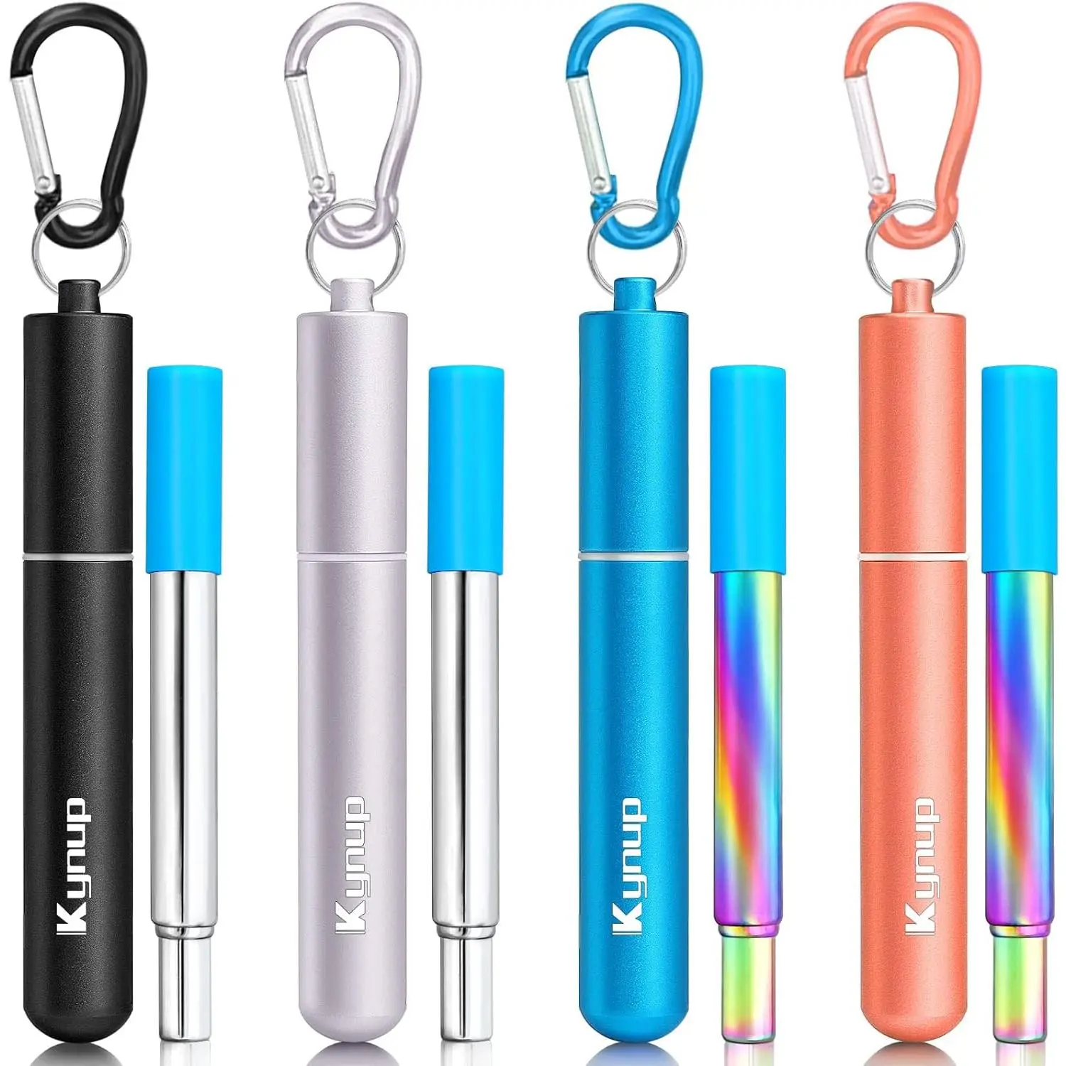 4-Pack Reusable Metal Collapsible Travel Drinking Straws with Silicone Tips & Cases, Compact, Collapses Small for Easy Bag Packing, 0.31x0.31x3.86 Inches, Eco-Friendly Camping Essential & Housewarming Gift (Black-Blue-Golden Rose-Turquoise-Red), Multi-Col
