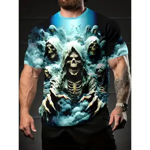 Men's 3D Printed Skeleton & Cloud Graphic T-Shirt - Soft Glossy Regular Fit Short Sleeve Round Neck Casual & Athletic Top - Machine Washable, PLUS SIZE