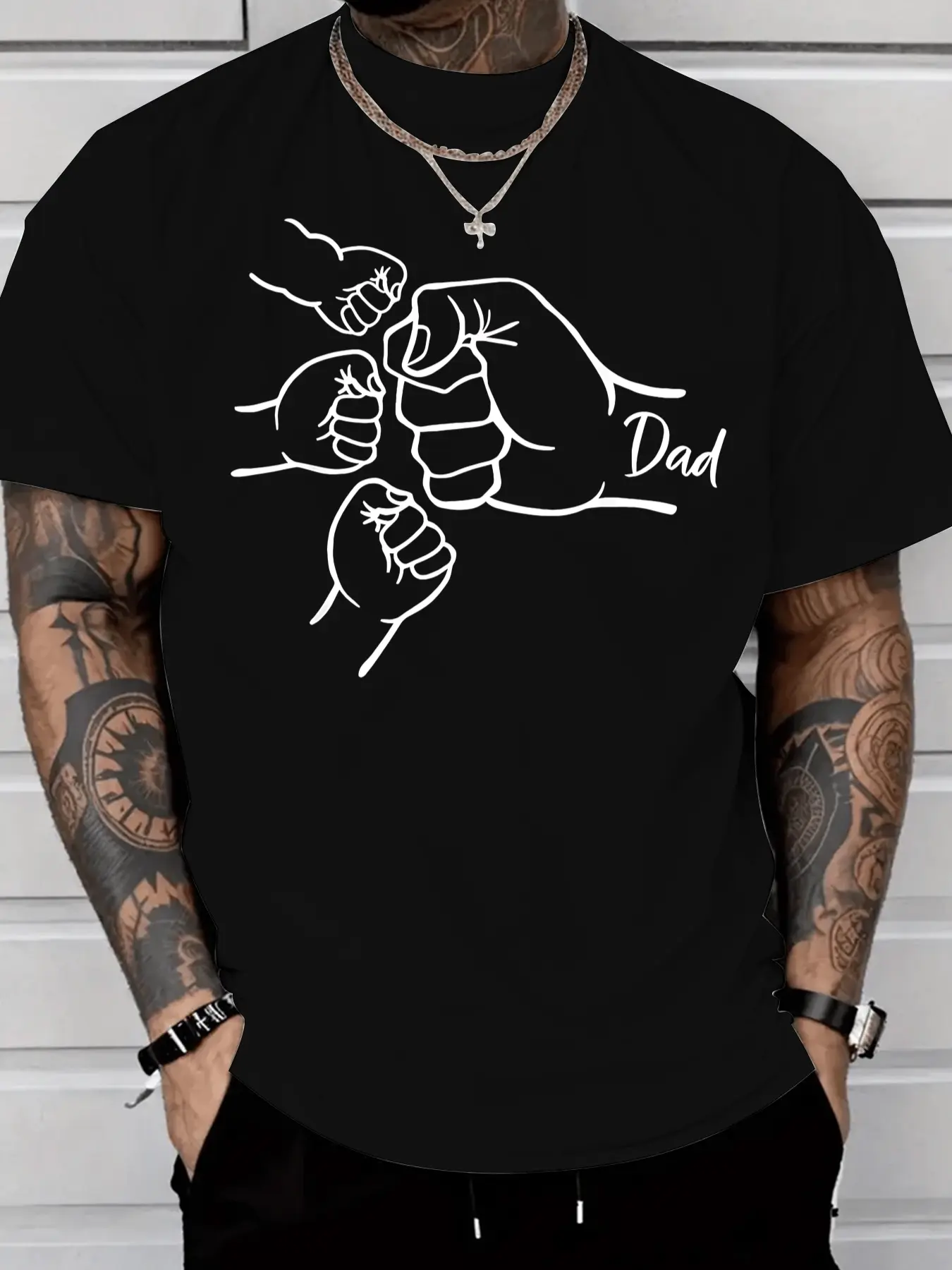 Menswear Dad of 3 Fist Bump T-Shirt - 100% Cotton, Black Short Sleeve Top, Casual, Ideal for Father's Day