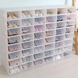 12/ 24 Pack Stackable Transparent Plastics Shoe Storage Box Flip Shoe Box Foldable Shoes Storage Box with round Hole Shoe Box