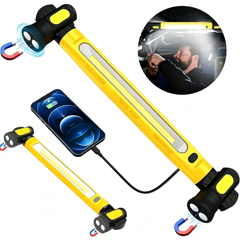 2026 New 17.2-in 3000lm COB LED Work Light Bar (ABS), Cordless 6000mAh Rechargeable Magnetic Under Hood Working Light with Hooks, 360-degree Rotation, 3-Level Modes, 4-Level Power Check for Mechanics (Black & Yellow, Garage Use)