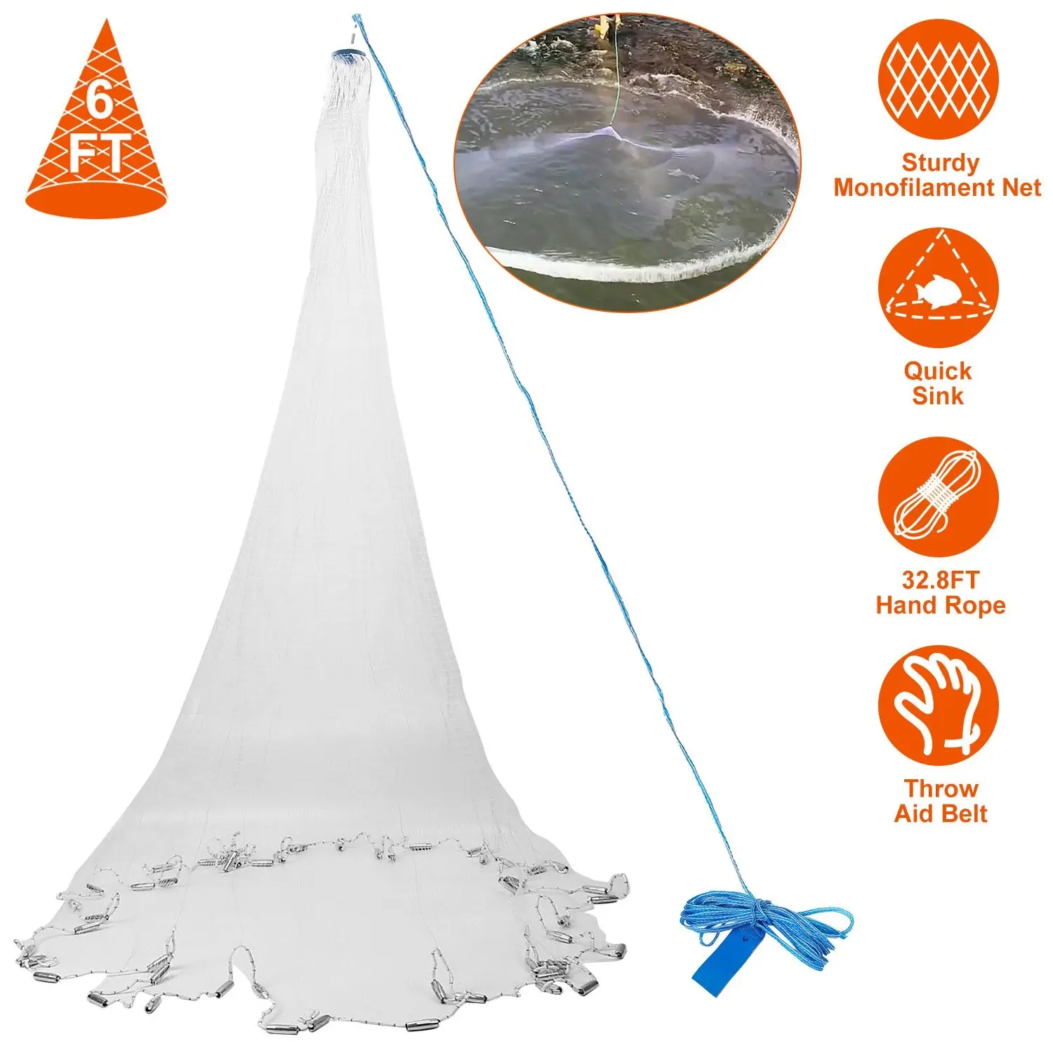Fishing Cast Net - Tear-Resistant Monofilament Bait Trap, 3/8in Mesh, Quick-Sinking Steel Chain, Easy Throw for Anglers, 6ft/8ft Radius, Long Distance Casting Fishing Accessory