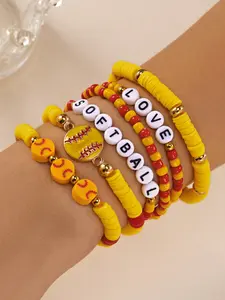 6-Piece Basketball & Rugby Beaded Bracelet Set, Fashion Sporty Style Elastic Soft Clay Jewelry Collection, Perfect Gift for Athletes, Mix Bracelets