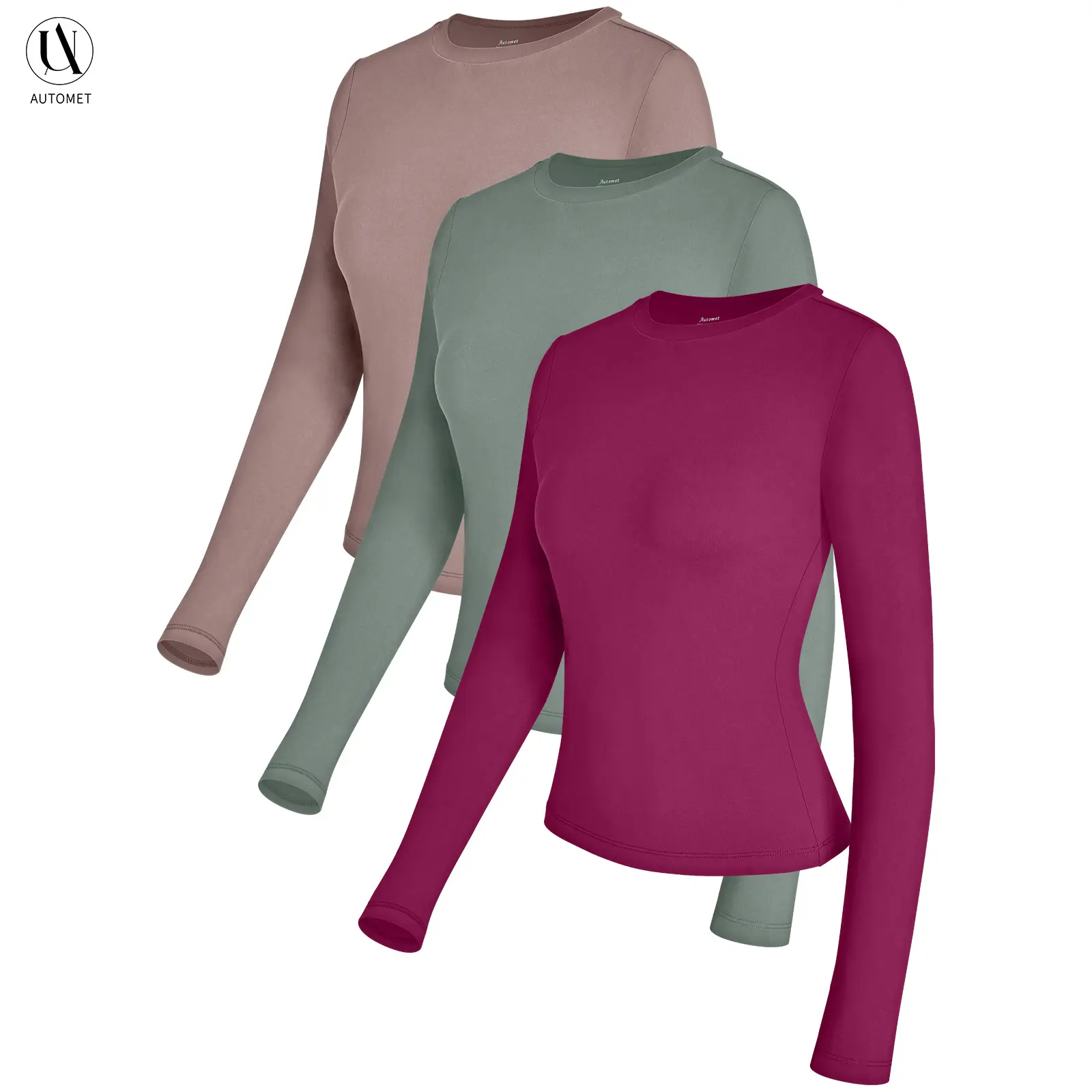 AUTOMET Women's 3-Piece Long Sleeve Basic Crop T-Shirts - Slim Fit, Soft Tee Round Neck, Simple Style, Fall Fashion, Going Out Tops, Y2K Underscrubs Layer, Haze Blue/White/Black Womenswear Blouses & Shirts women  wardrobe  curvy clothing