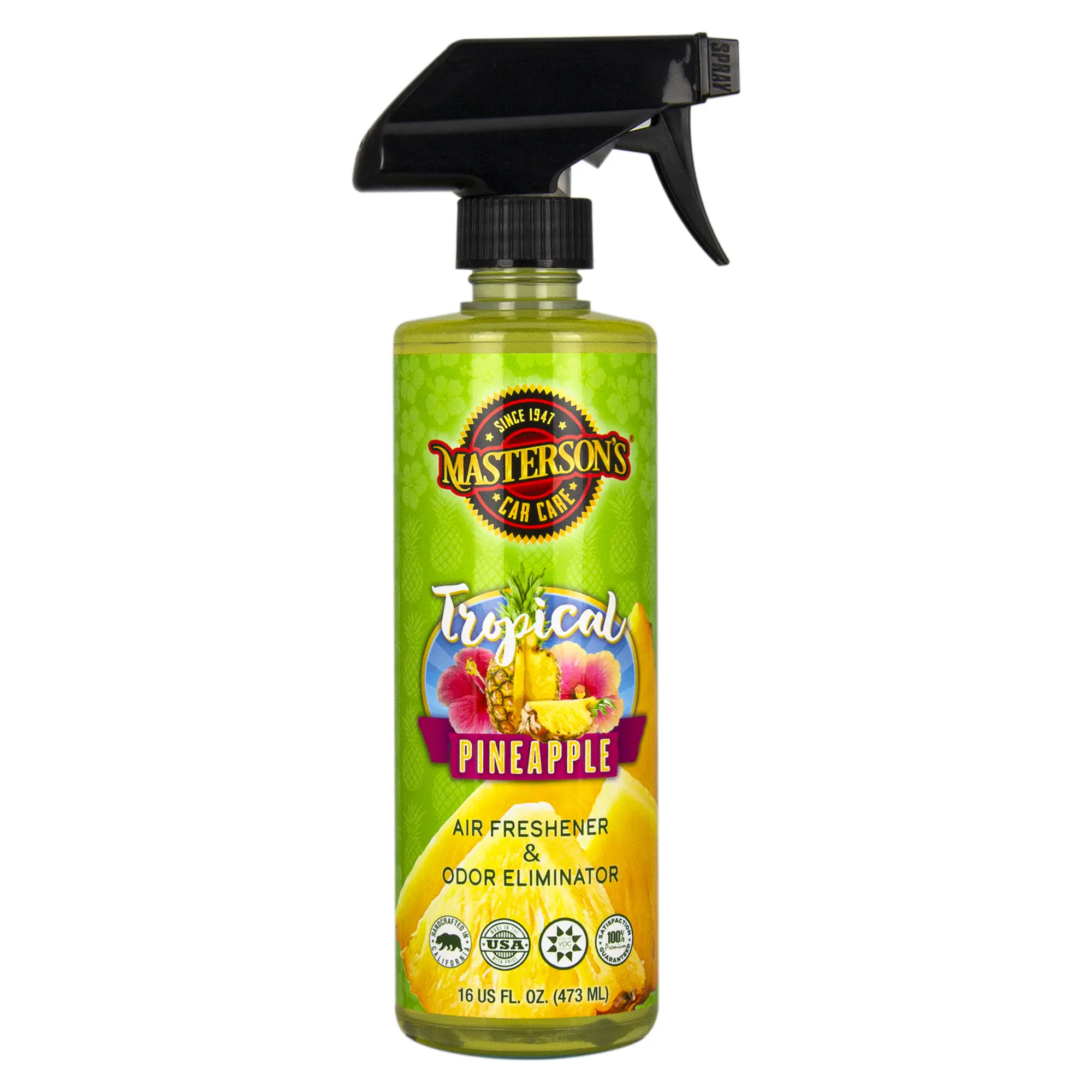 MASTERSON'S CAR CARE Tropical Pineapple Scented Fragrance Spray Bottle - 16 oz Aroma Odor Eliminator (MCC_123_16) - Relaxing Island Vibe for Cars,Trucks - Instantly Refreshes,Neutralizes Odors, Tropical Car Fragrance, Cars/Trucks/Rv
