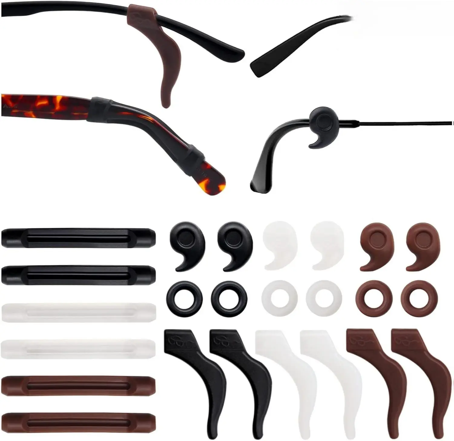 Benvo 12 Pairs Eyeglasses Retainers Silicone Glasses Temple Holders Anti-slip Protectors Comfort Eyewear Spectacle Stay Put Glasses Stoppers for Sport, Study(4 Variety Designs in Black, Clear, Brown)