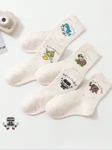 5 Pairs Kids Socks, Student Style Knee Highs, Shark Pattern, Pointed Toe, Banana Monkey Cartoon, Comfortable Soft, Daily Wear, Casual Stylish Socks
