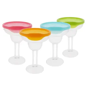 Plastic Margarita Glasses with Drink-Through Lid, 4 Pack, 13.5 oz Dual-Stemmed BPA-Free Plastic Drinkware Shatterproof, Made in USA