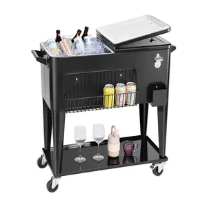 【FathersDayGift】VEVOR 80 Quart Rolling Ice Chest,  , Holds up to 50 Bottles / 110 Cans, Portable Patio Party Bar Drink Cooler Cart with Bottom Shelf, Beverage Pool with Side Basket and Bottle Opener, Black